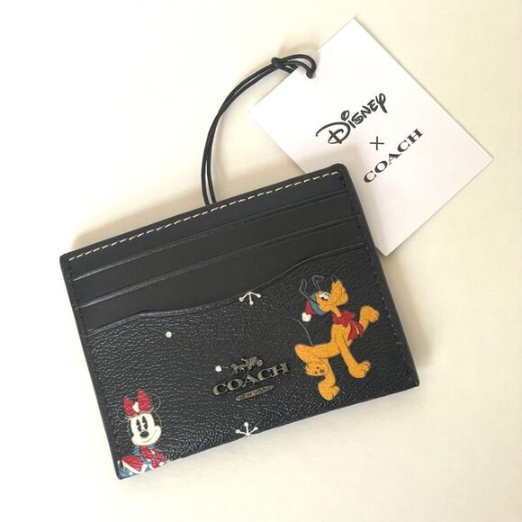 Disney x Coach Slim ID Card Case Holiday CN032 Black Leather Minnie Pluto ORGPKG - Picture 4 of 8